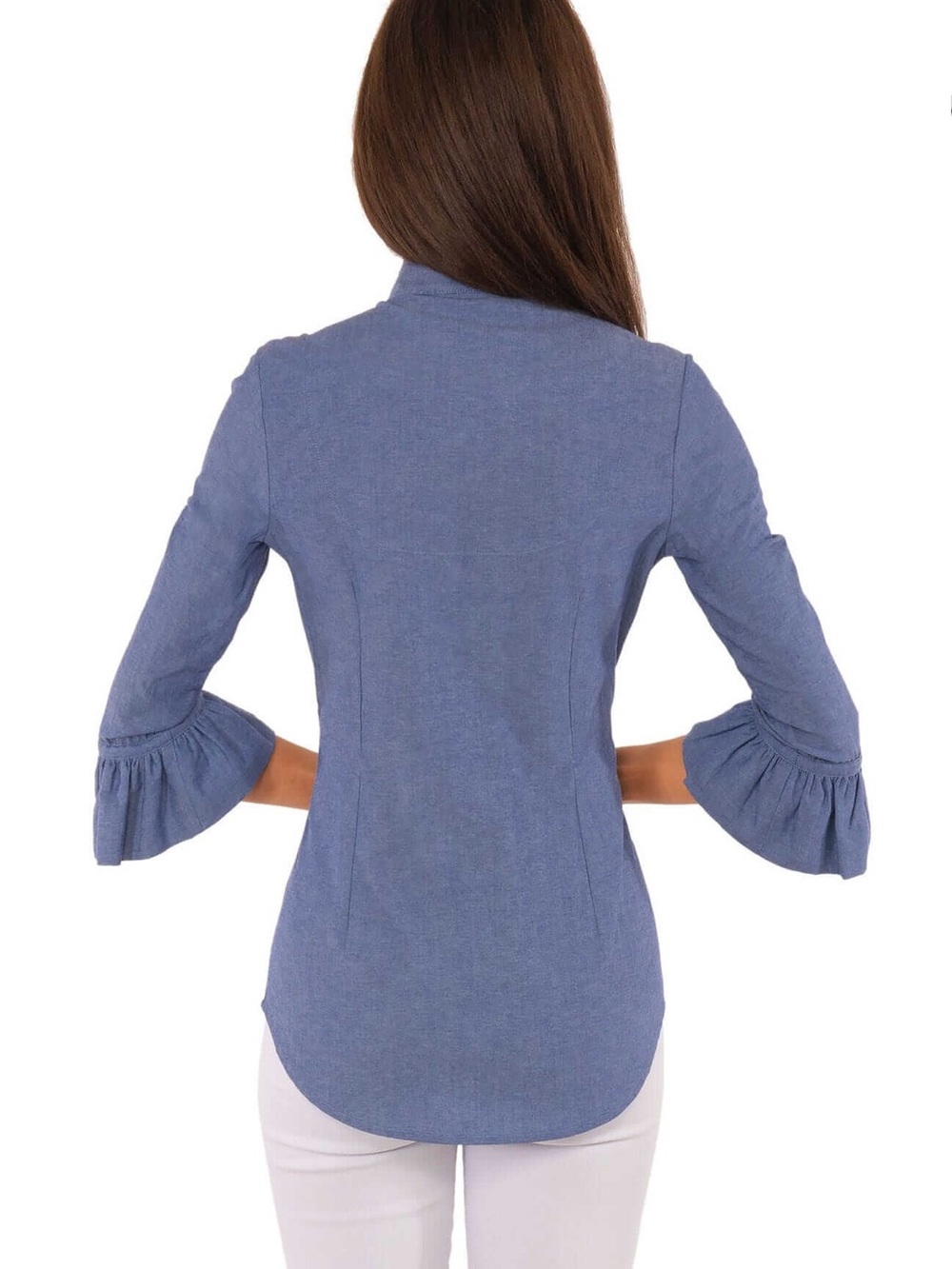 Gretchen Scott L Classic Ruffle Sleeve Button-Up Chambray Shirt Southern Cottage - Picture 4 of 11
